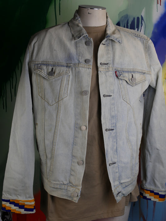 Custom Denim Zeta Jacket with African border and cuffs