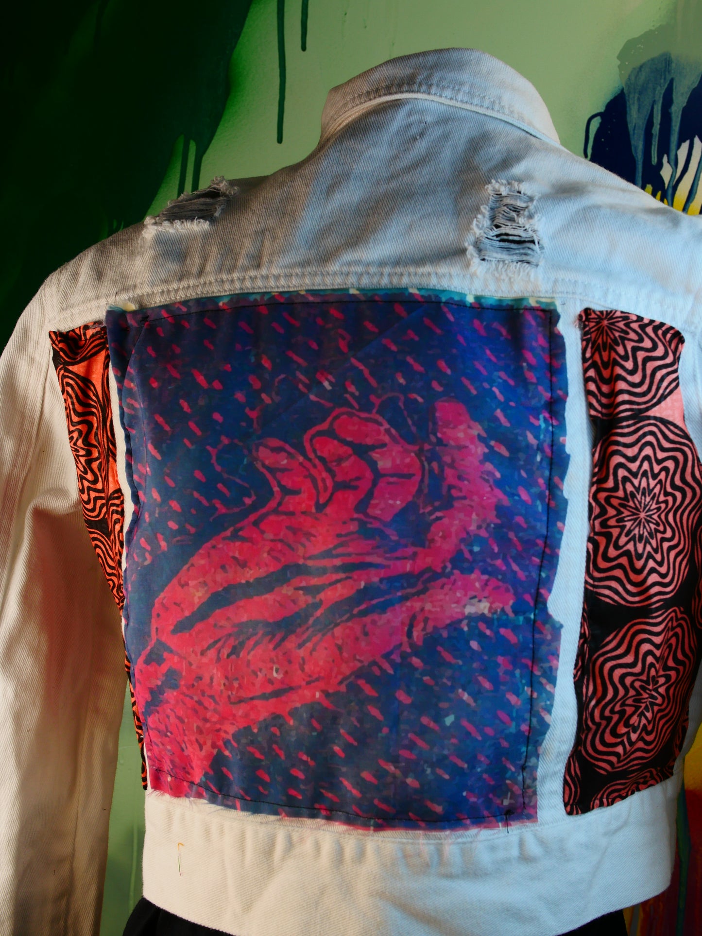 PINK Hand White Denim Jacket with African Fabric & Art Print