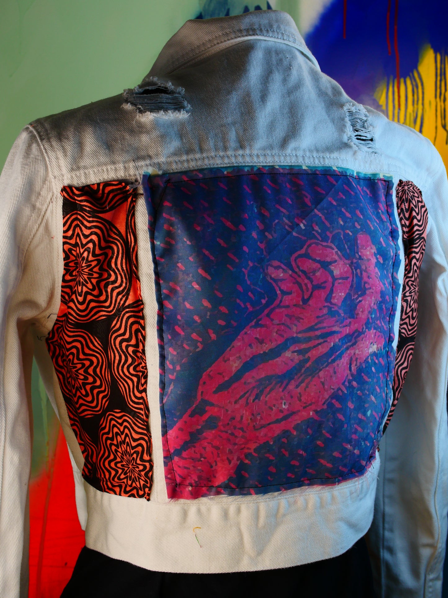 PINK Hand White Denim Jacket with African Fabric & Art Print