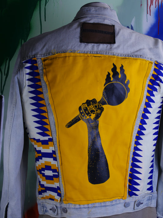 Custom Denim Zeta Jacket with African border and cuffs